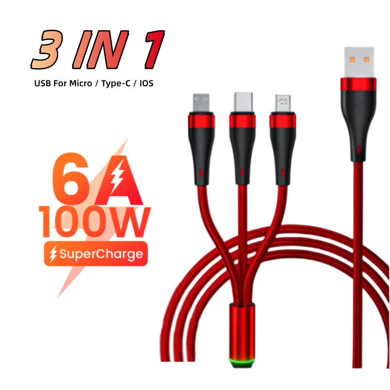 

6A USB Cable 3 en 1 Fast Charge For iPhone Type C Micro 100W Phone Cord Data Cables For Car Samsung Xiaomi Huawei OnePlus LG