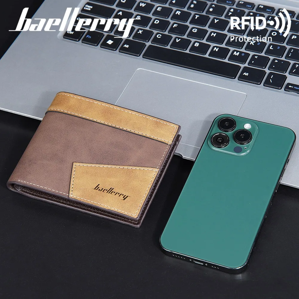 Baellerry Men's Fashion RFID Short Wallet, Anti-Skimming PU Leather Slim Card Holder Trendy Design
