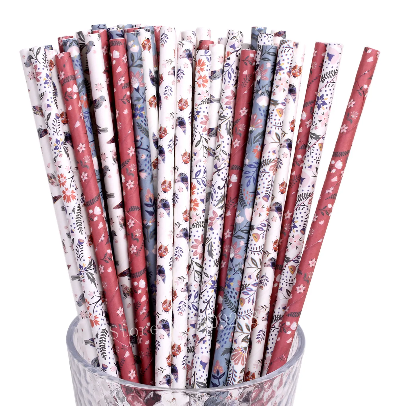 

200 Pcs Colored Bird Hen Floral Ladybug Paper Straws-Cute Classical Ancient Flower White Red Blue Shabby Chic Tea Party Drinking