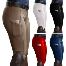 Women Equestrian Pants Pocket Hip Lift Elastic Trousers Solid Color Horse Racing Leggings Training Equestrian Breeches Tights