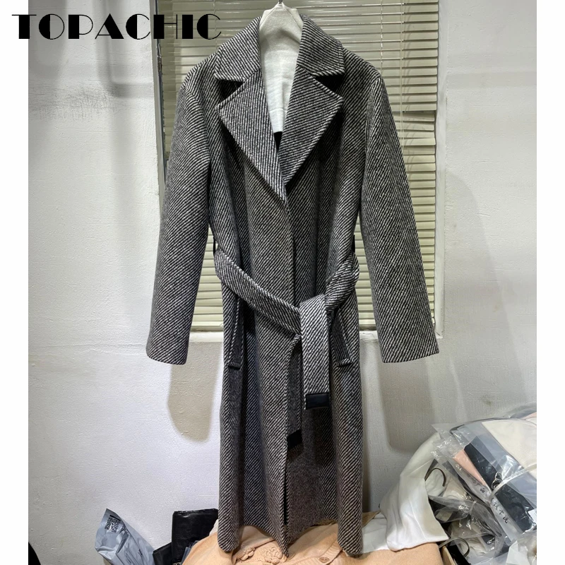 

10.24 TOPACHIC Women's Temperament Notched Collar With Belt Herringbone Mid Length Cashmere Wool Coat