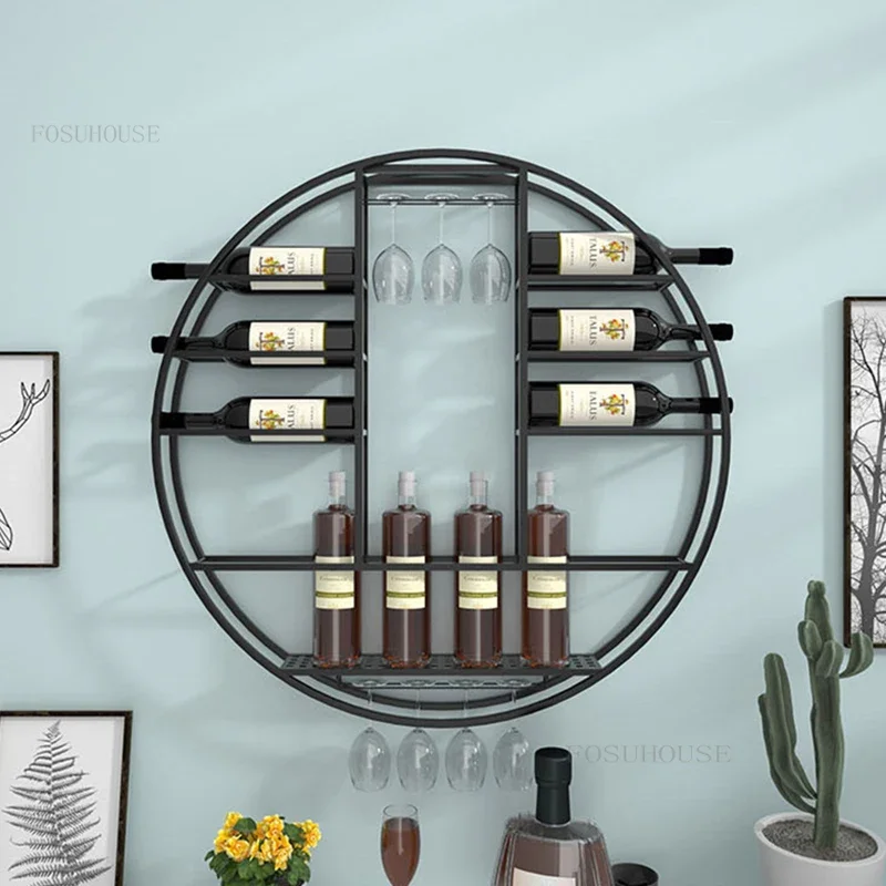 European Wrought Iron Bar Cabinets for Living Room Display Cabinet Modern Minimalist Bar Furniture Round Wall-mounted Wine Rack