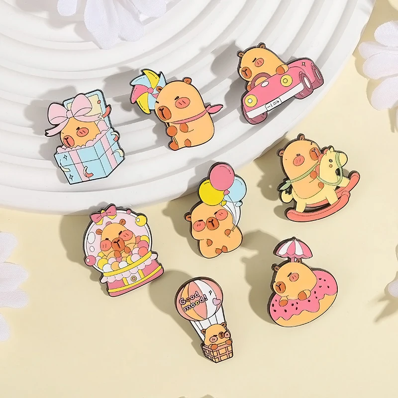 3-9 teile/satz Cartoon Capybara Rote Ohren Kaninchen Panda Katze Emaille Pins Anime Filme Fahrzeug Kugel Broschen Revers Abzeichen schmuck Geschenk – Detail 9