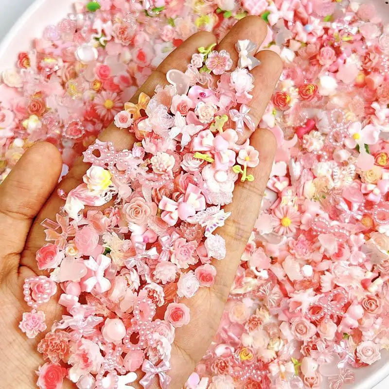 Random Mixed Sweet Pink Bow Nail Charms 3D Resin Pink  Rose Flower Nail Art Decorations Accessories for DIY Cream Glue Crafts 2