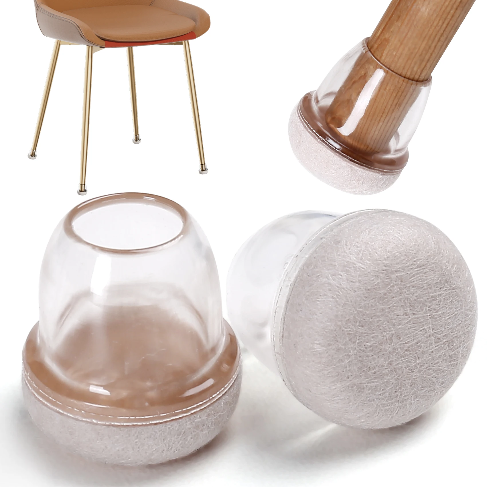 Clear Silicone Chair Leg Protectors with Felt Pads - Set of 16, Floor Scratch and Noise Reduction