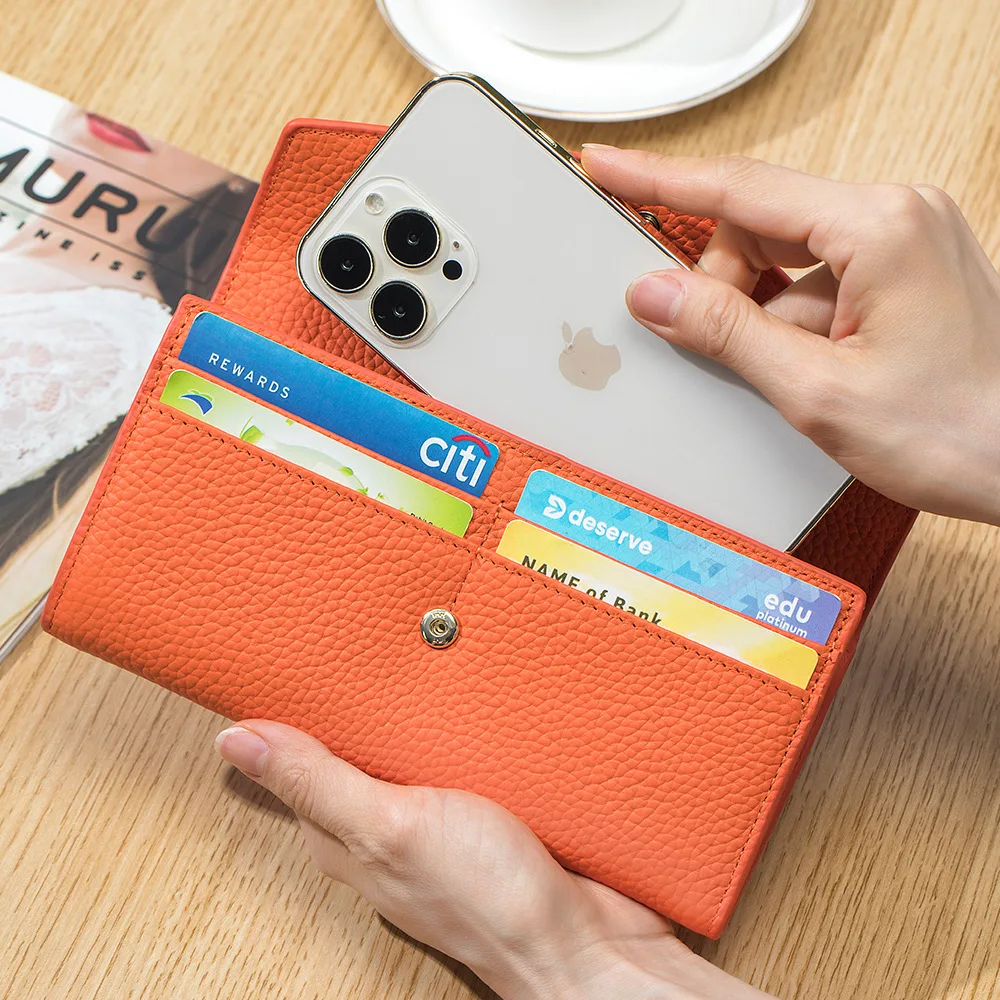Genuine Leather Wallets for Women Clutch Purses Organizer Ladies Large Trifold Slim Long Envelope Wallet Cellphone Billfold