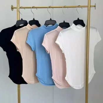 AOSSVIAO 2025 تي شيرت نسائي غير رسمي بياقة عالية وأكمام قصيرة تي شيرت أخضر صيفي نحيل مثير متين أساسي قطع علوية عصرية ملابس الشارع 6