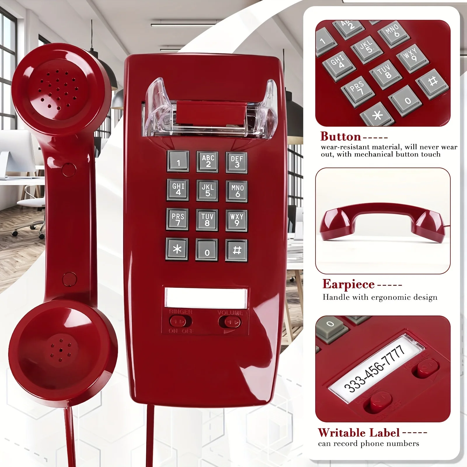 

Retro Vintage Wall Mounted Phones For Landline With Loud Ring, Telephone Handset Volume Control For Home, Office, Hotel School