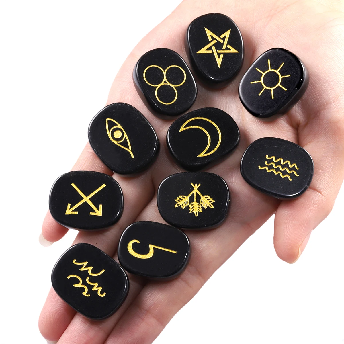 10Pcs/Set Healing Crystal Witches Runes Stone Kit With Engraved Gypsy Symbols For Chakra Balancing Divination Yoga Meditation