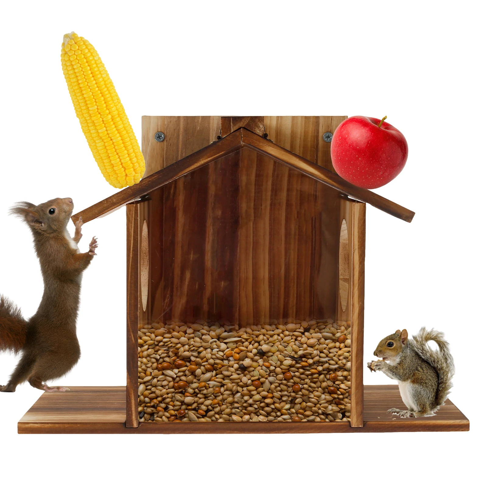 Wooden Squirrel Feeder Bird Feeder Outdoor Garden Creative Pet Dining Table with Roof Squirrel Feeding Stations for Corn Peanuts