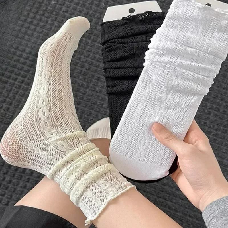 Summer Fashion White Lace Pile Socks for Women Girls Mesh Hollowed Out Thin Nylon Breathable Sock Solid Color High Quality Socks