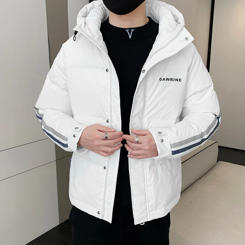 남성용 화이트 덕 다운 재킷, 80% 긴팔, 스트라이프 코트, 후드 웨이브 컷, 겨울