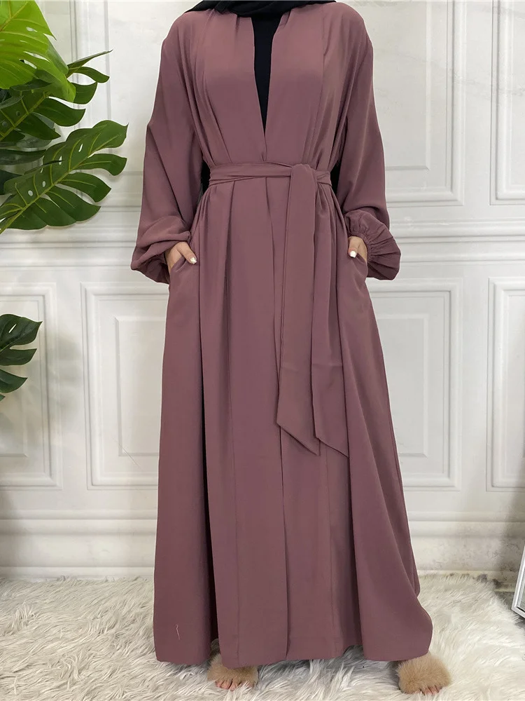 Open Abayas for Women Puff Sleeves Muslim Kimono Islamic Clothing Dubai Turkish Modest Outfits Ramadan Hijabi Robe (No Inner） images - 6