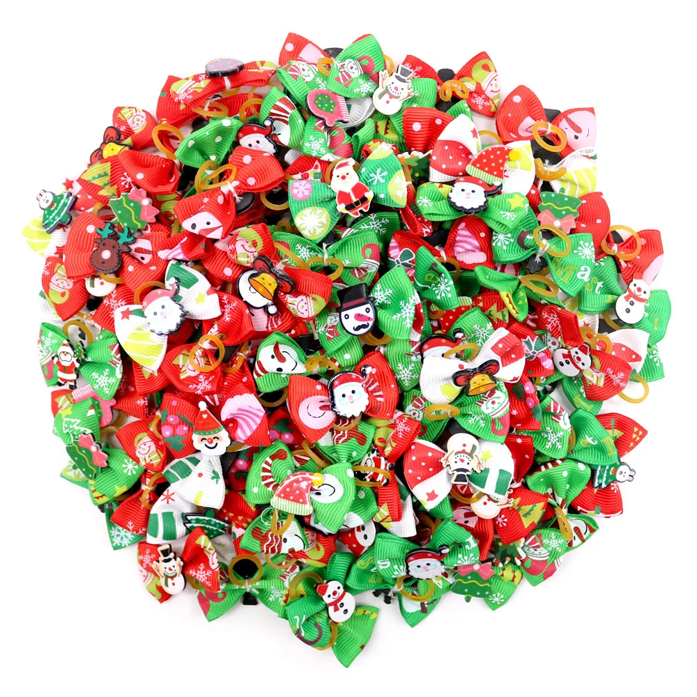 Random 12PC Christmas bows pet hair clips holiday parties dog headwear cat Christmas hair clips children's decorations