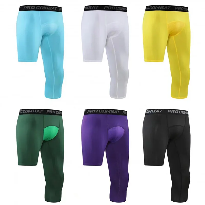 Men Compression Shorts Base Layer Exercise 3/4 Trousers Running Tight Sport Cropped One Leg Leggings Basketball Football Yoga