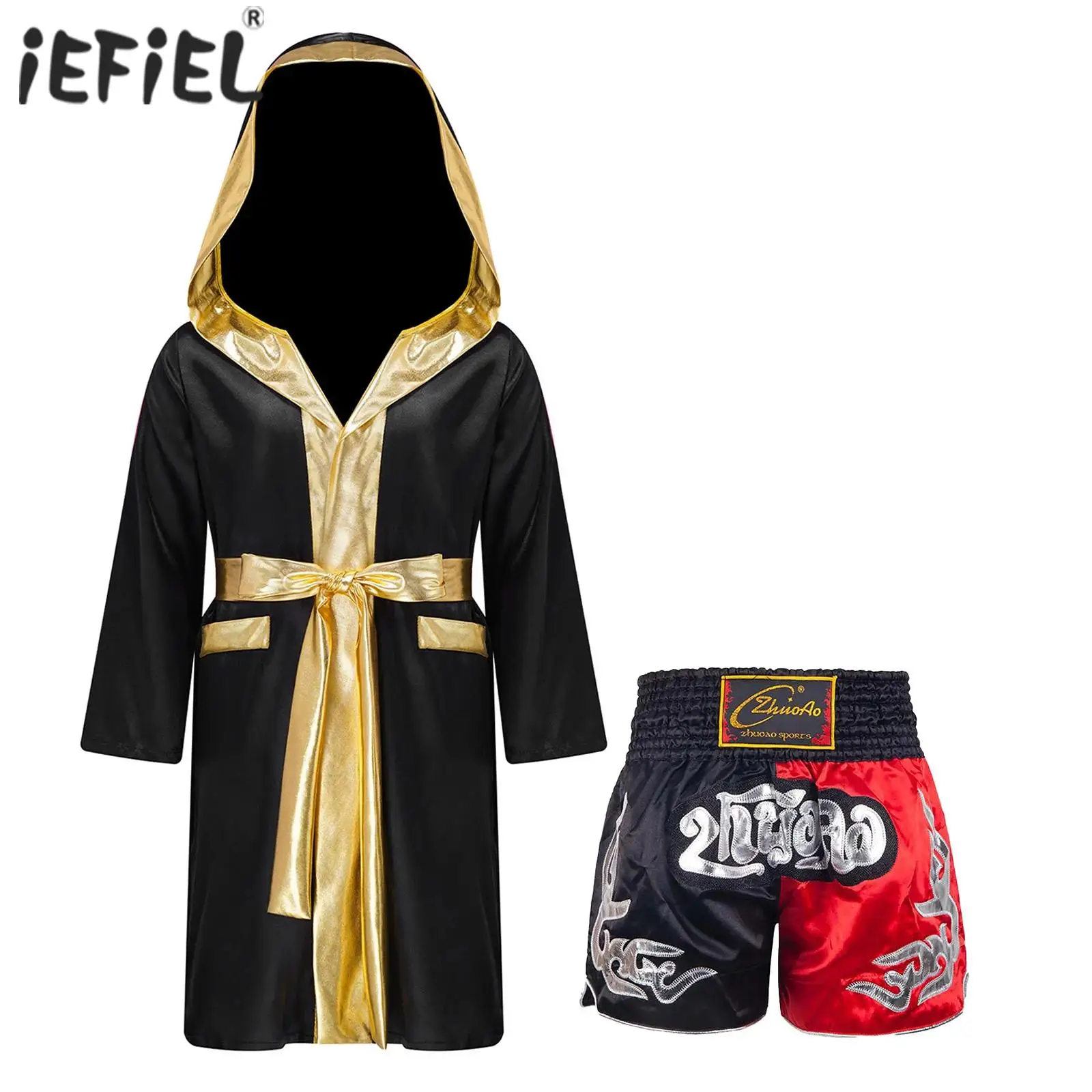 Kids Boys Boxing Outfit Halloween Cosplay Costume Long Sleeve Open Front Robe Satin Hooded Cloak Belt Shorts Roleplay Sets superhero cosplay costume kids cosplay costume