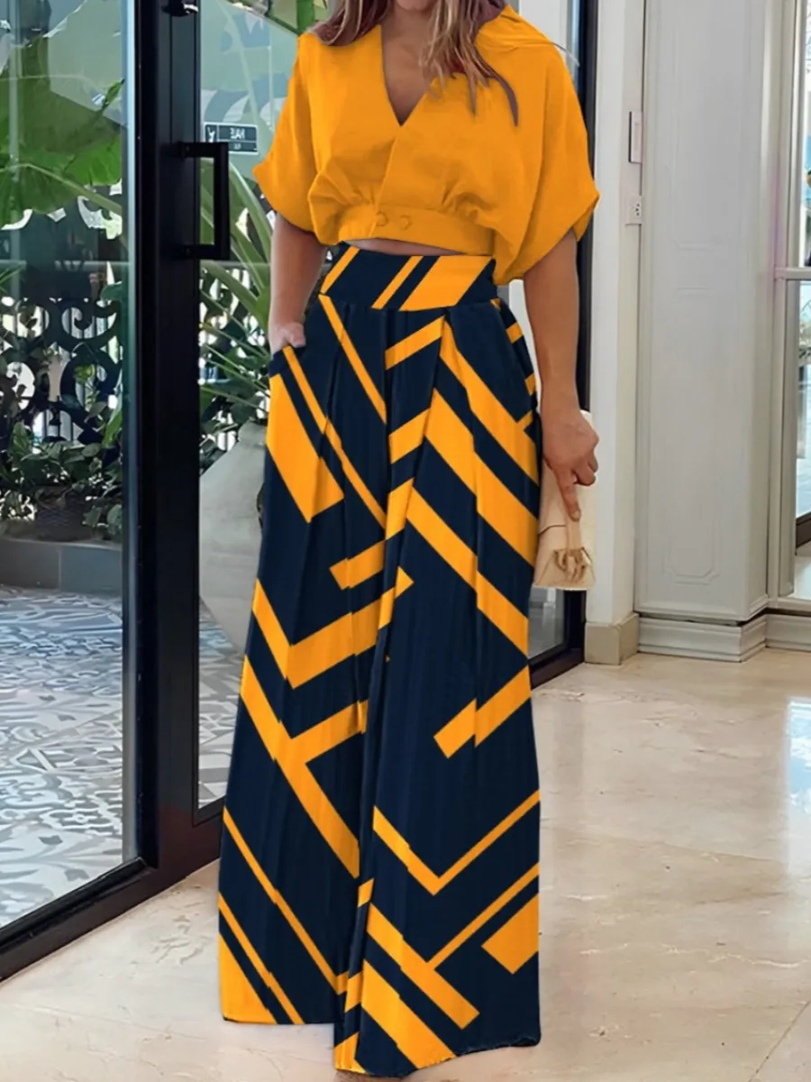 

LW Loose Two Pieces Pants Suits Office Lady 2pcs Outfits Plain Button Design Crop Top&Geometric Print Wide Leg Pockets Trousers
