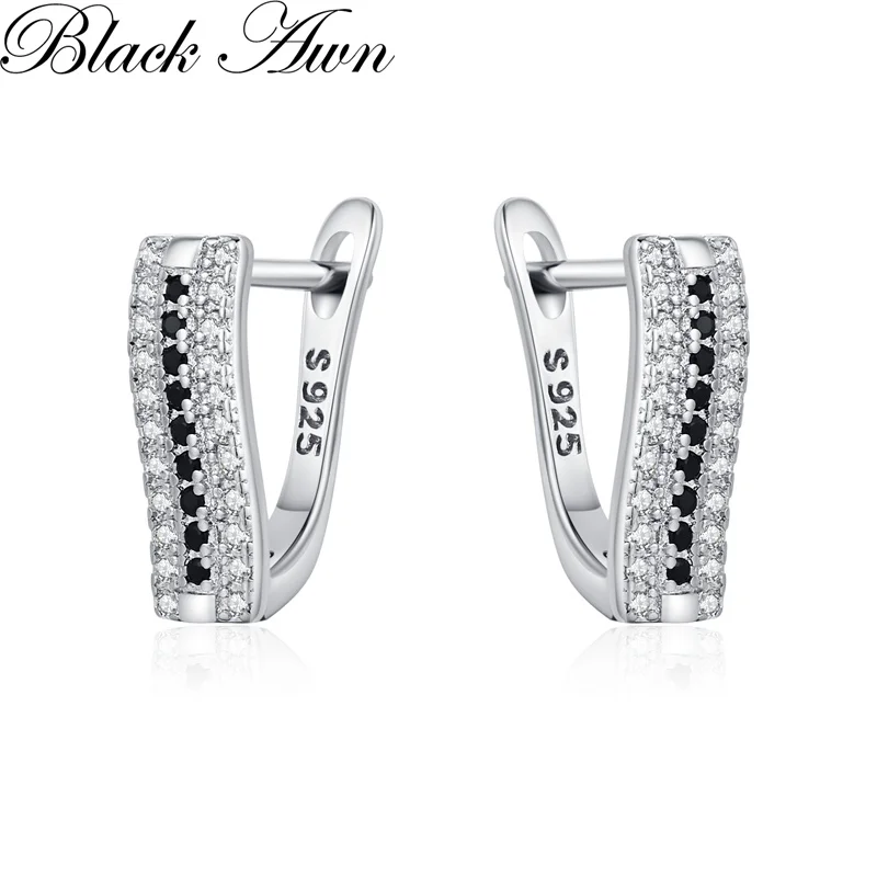 

Black Awn Classic Silver Color Round Black Trendy Spinel Engagement Hoop Earrings for Women Jewelry Bijoux I308