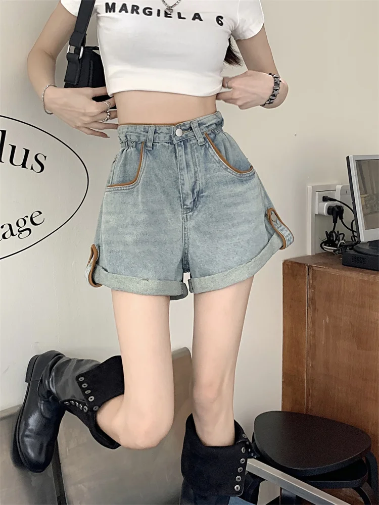 

Curled Denim Women's Summer Casual High Waisted Blue Wide Leg Pants Loose Straight A-line Shorts Hot Pants