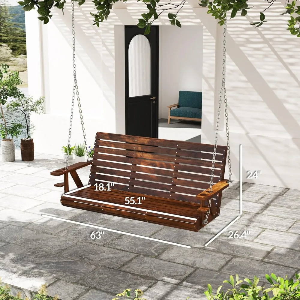 Upgraded Wooden Porch Swing 3-Seater, 5 FT Outdoor Patio Swing Bench with Cupholders, Hanging Chains, Swing Chair Bench 5