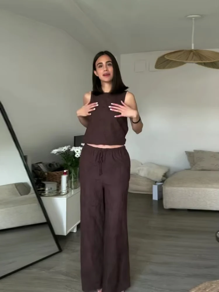 HH Women Solid Embroidery Pant Sets O Neck Sleeveless Vest Tops Loose Casual Drawstring Wide Leg Trousers Office Lady Outfit