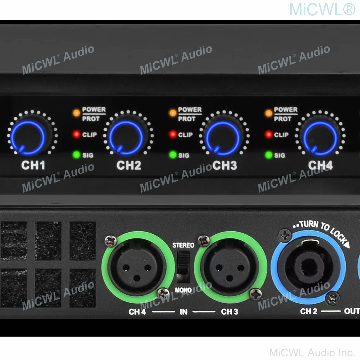AMG650 4 채널 6400W 피크 디지털 전력 증폭기, 4WD 드라이브 프리앰프 스피커, 4x650W RMS 19 인치 1U
