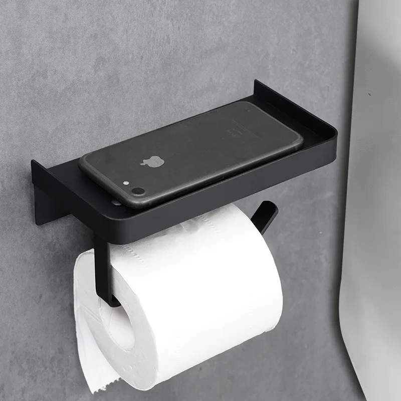 

Stainless Steel Toilet Paper Holder with Shelf, Wall Mounted Adhesive Holder for Bathroom, Tissue Roll Holder with Phone Storage