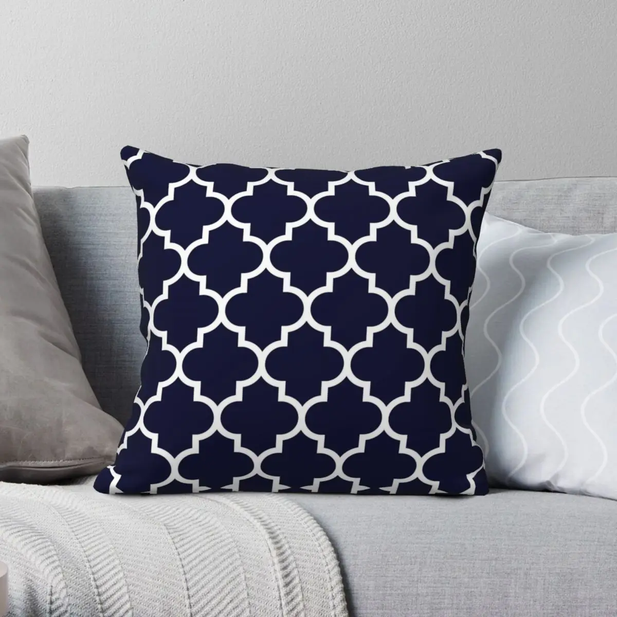 

Navy Blue Moroccan Quatrefoil Square Pillowcase Polyester Linen Velvet Pattern Zip Decorative Pillow Case Bed Cushion Cover