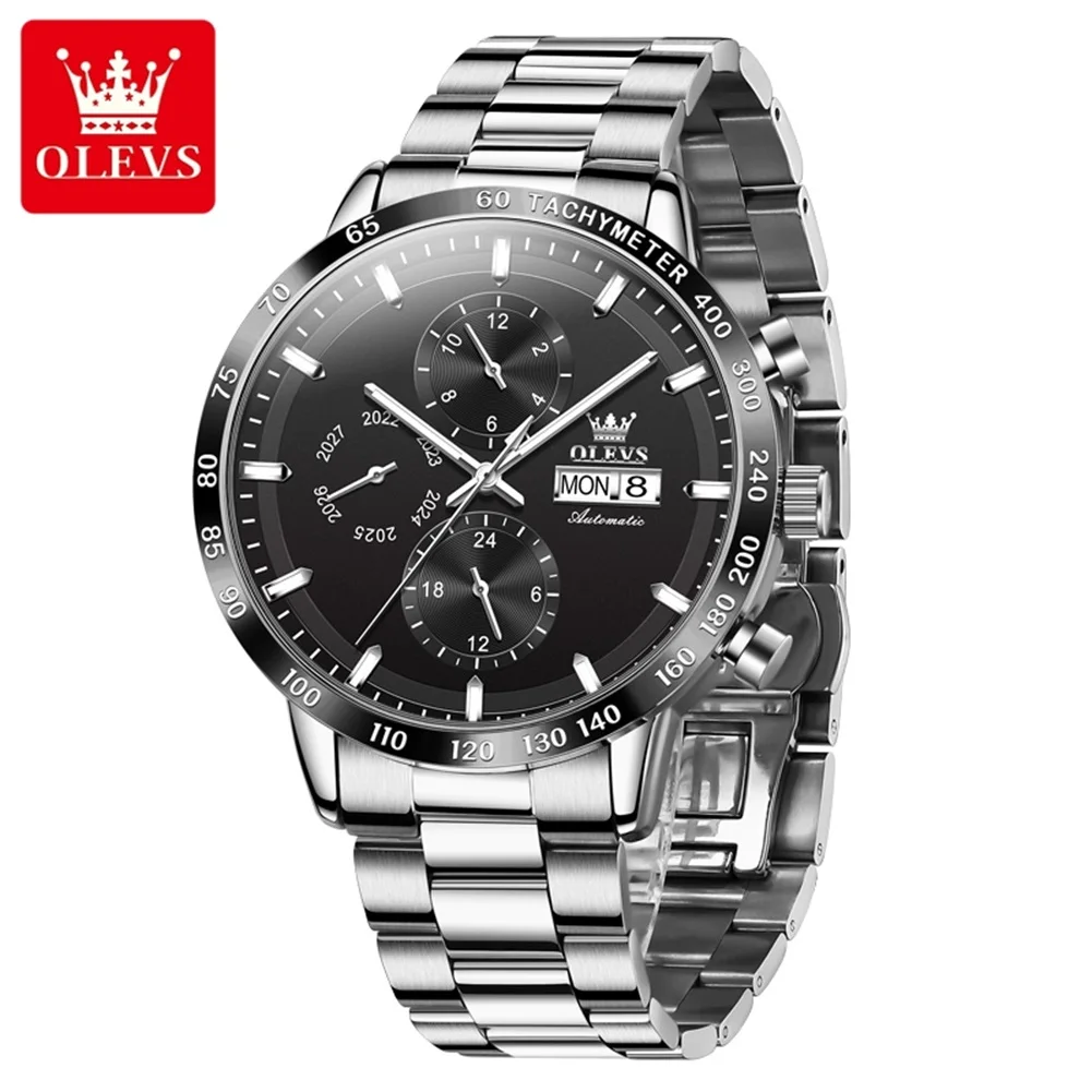 OLEVS-Montre existent Originale pour Homme, Acier Inoxydable Argenté, Semaine Calendrier, Simplicité d'Affaires, Montre Mécanique, 6683