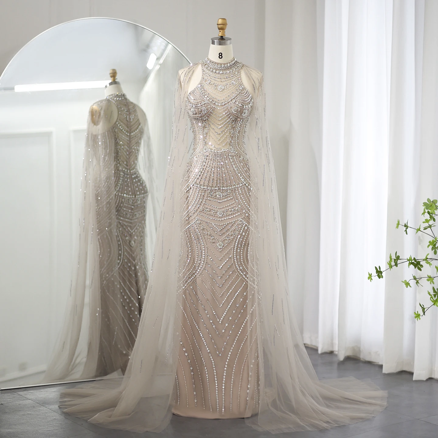 

Jancember Luxury Dubai Caramel Mermaid Evening Dresses With Cape Sleeves Elegant High Neck Wedding Formal Party Gowns Sz230