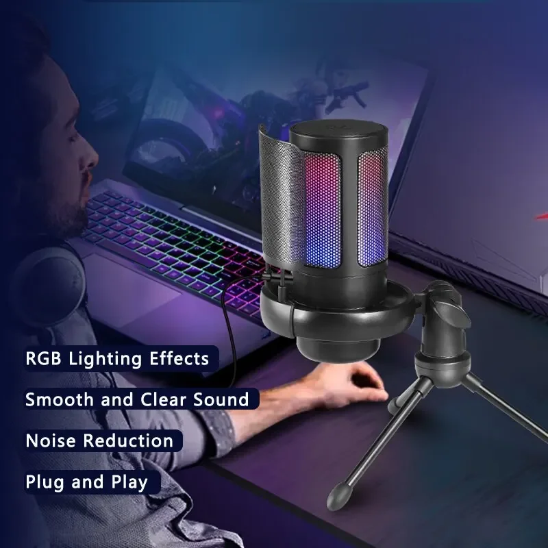 

RGB Condenser Gaming Microphone for PC PS4 PS5 MAC with Usb Pop Filter Shock Mount Gain Control for Recording Live Streaming