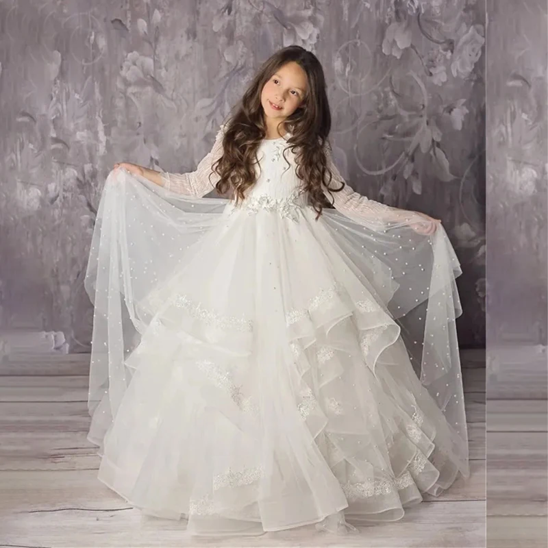 

Appliques Lace Tiered Puffy Banquet Flower Girl Dress Long Sleeve Illusion Tulle Wedding Party Birthday Gown for Kids Pageant