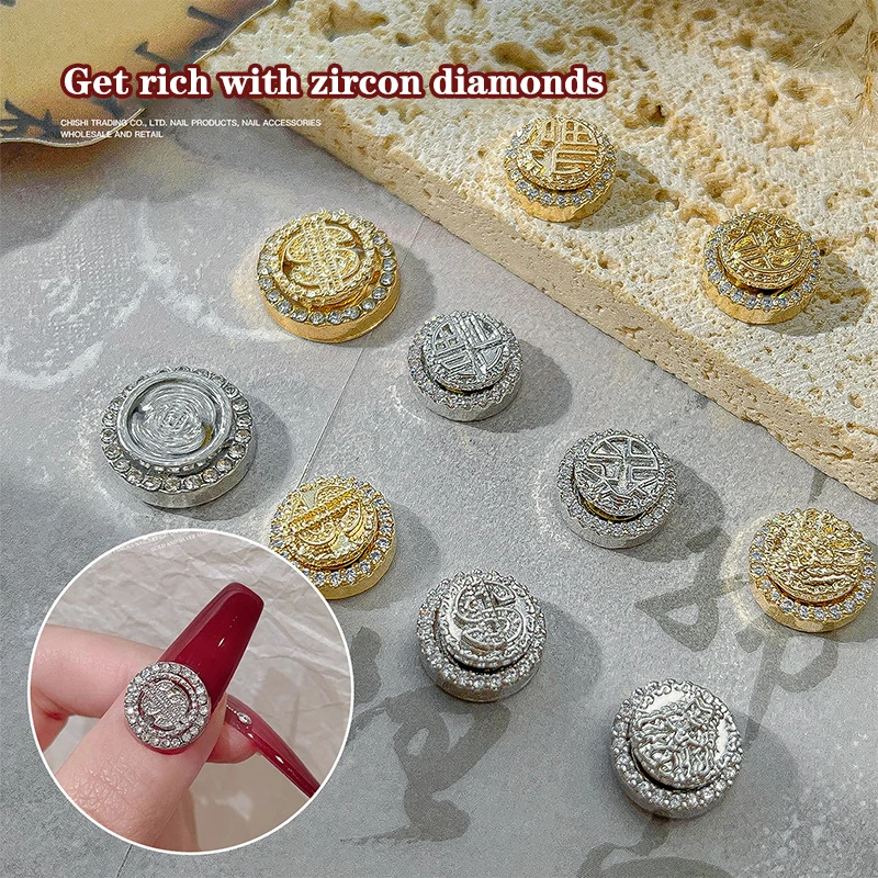 

Super Sparkling Zircon Wealth Nail Accessories Rotatable Nail Art Charm Jewelry Light Luxury Gold Silver Nail Decorations