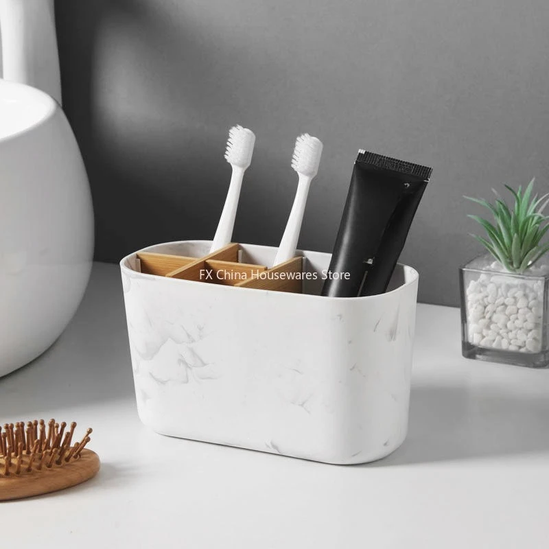 Eco-Friendly Bamboo Toothbrush Holder - 5 Slot Bathroom Organizer with Toothpaste Compartment