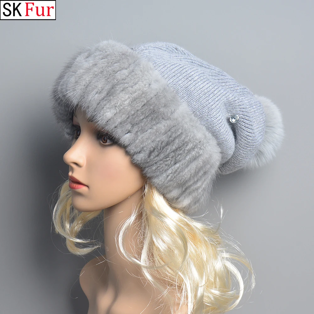 

Real Mink Fur Hat with Fox Fur Ball Earmuffs Protective Cap Winter Hat for Women Russian Autumn Hat Fox Fur Beanies Fall Bonnets