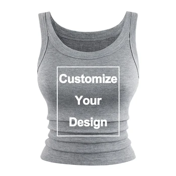 Custom Sleeveless Summer Womens Tank Tops DIY Logo/Letter Tight Ribbed Black Knit Vest Straps Casual Sporty Basic Clothing 1