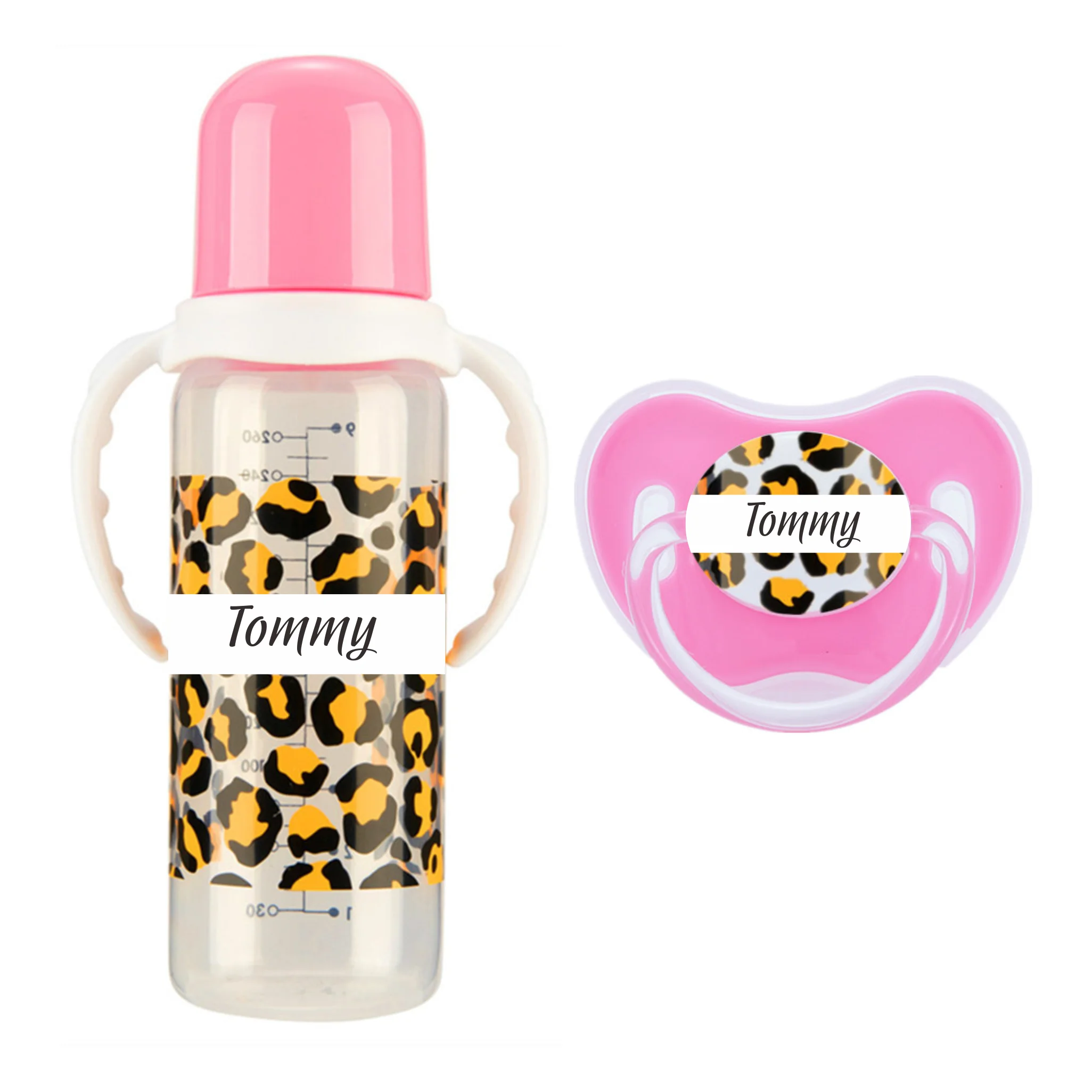 

MIYOCAR personalized name Leopard baby bottle feeding bottle pacifier 2pcs set BPA free plastic 260ml standard neck special gift