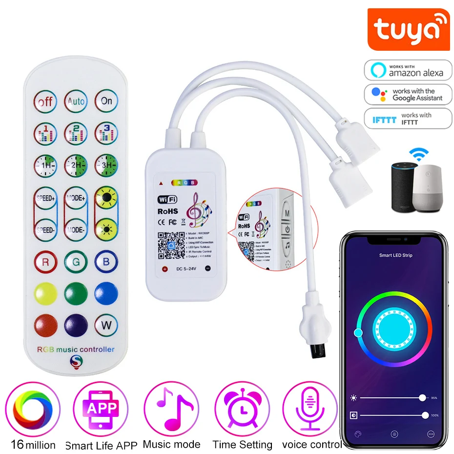 

Tuya Smart Controller for Led RGB Strip Light Tape Dimmer DC12V IR Remote Bluetooth APP Wifi Control Work with Alexa Google Home