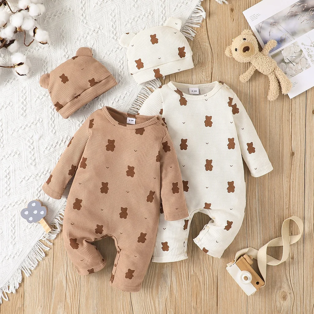 【Gift Hat】Set Baby Unisex Boy Girl Newborn Onesies Romper 0-18 Months Toddler Clothing Infant Long Sleeve Cartoon Bear Jumpsuit 1