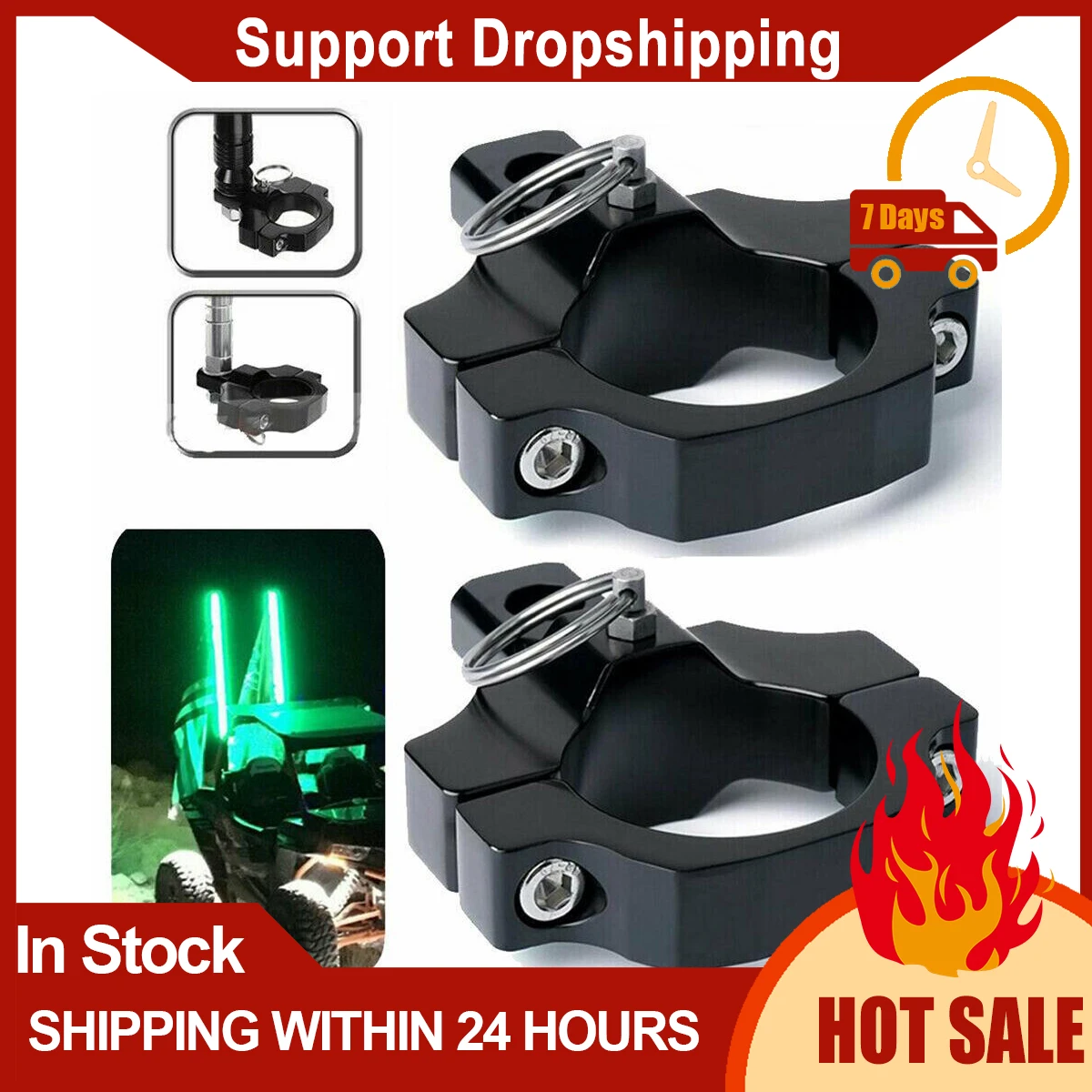 Utv ATV Mount Brackets for Led Whip Light Bar Fit 1.75" to 2" Rollbar