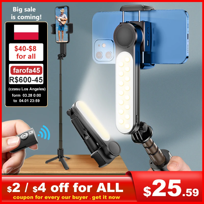 L09 Gimbal Stabilizer With Fill Light Bluetooth Telescopic Selfie Stick Video Shooting Tripod For Phone Smartphone IOS Android |