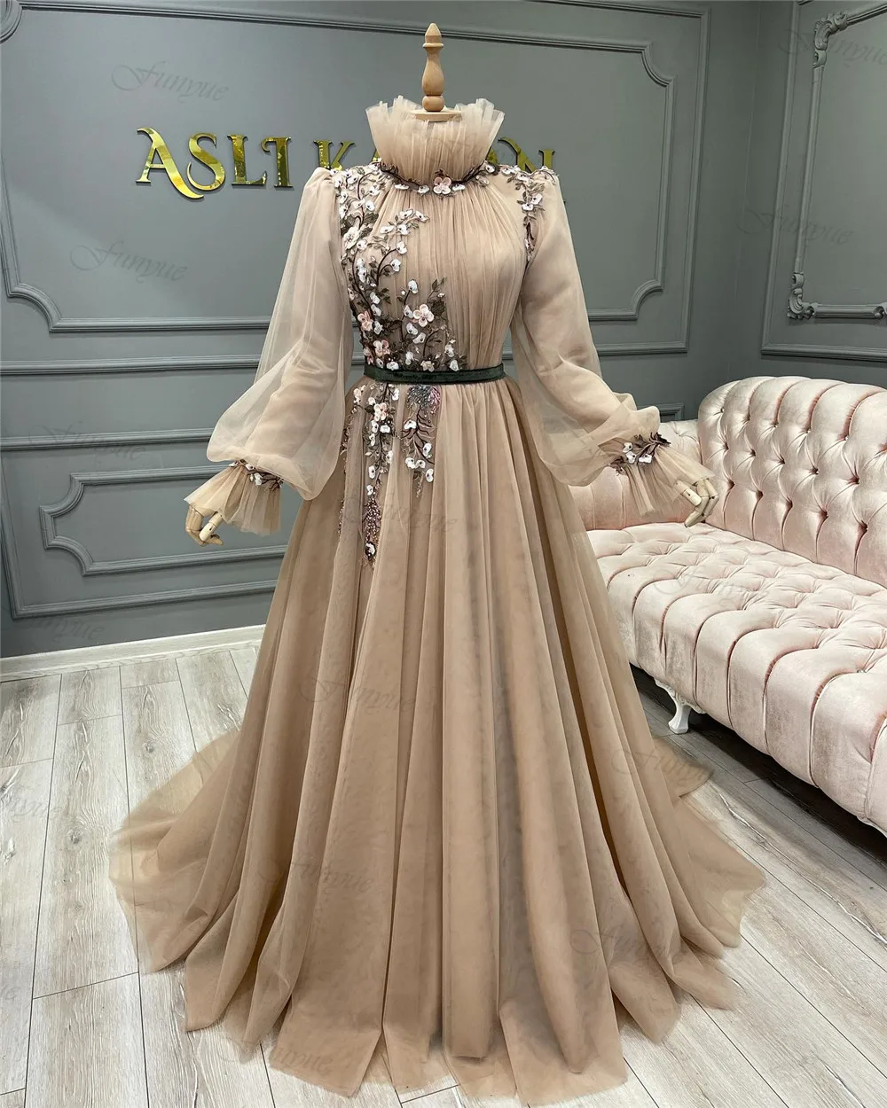 Champagne A-Line Muslim Prom Dresses Flowers Lace Long Sleeve Formal Party Dresses Women Evening Gowns Robe De Soirée De Mariage yellow prom dresses