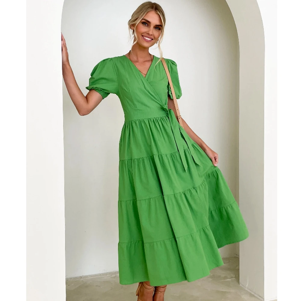 Casual-Dress-Solid-Color-and-V-neck-High-Waist-Lace-up-Bubble-Sleeve ...