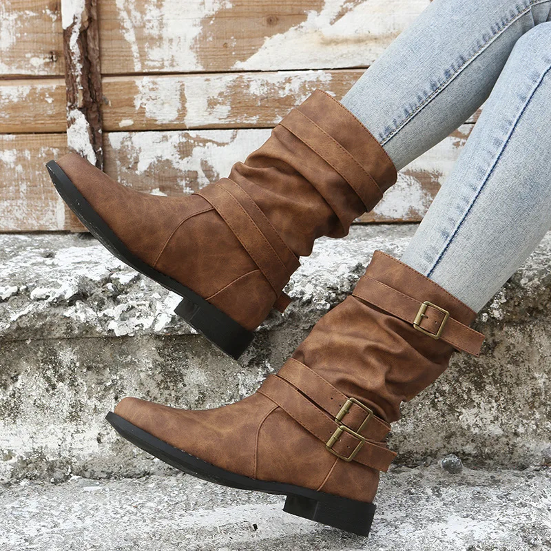 Autumn Winter Sexy New Large Medium Boots Round toe flat boots for women Round Head Flat Bottom Buckle Women's Motorcycle Boots