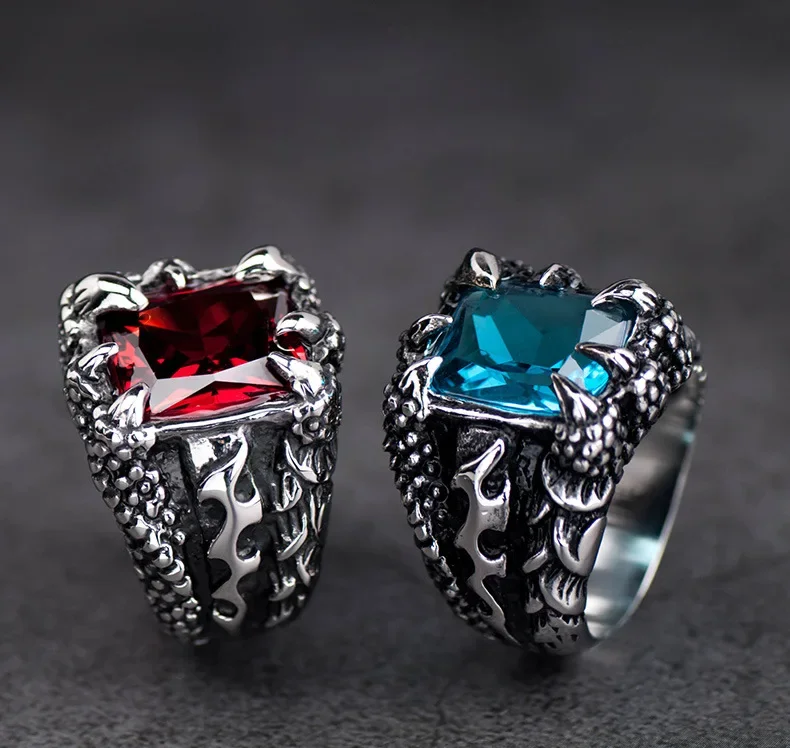 

CHUANGCHENG Gothic Personality Domineering Blue Red Crystal Devil Dragon Claw Men's Street Bicycle Finger Jewelry Size 7-13