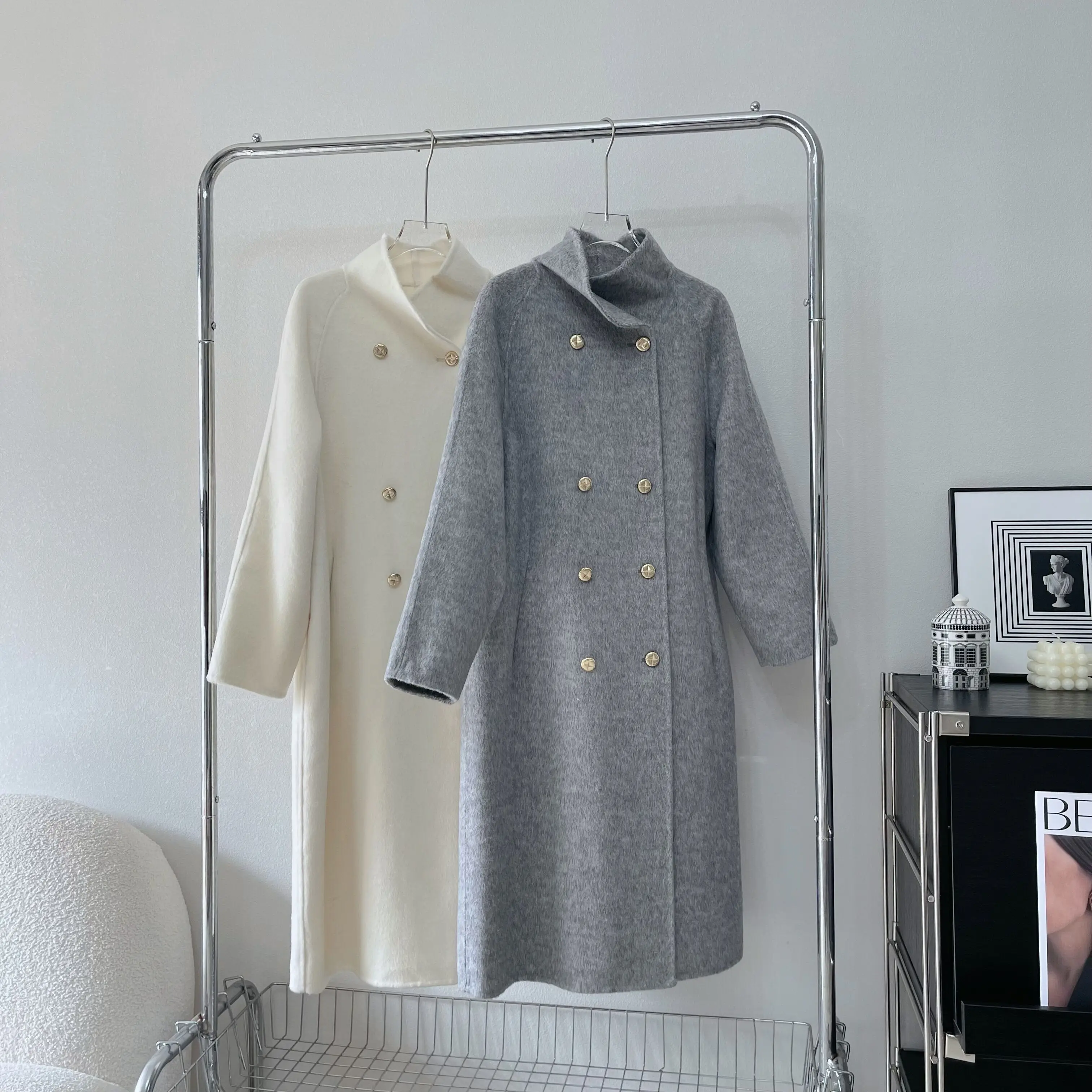 

2023 Elegant Woolen Trench Coat Winter for Women Vintage Two Side Cashmere Jacket Mid-Length Loose Standard Collar Overcoat Gray