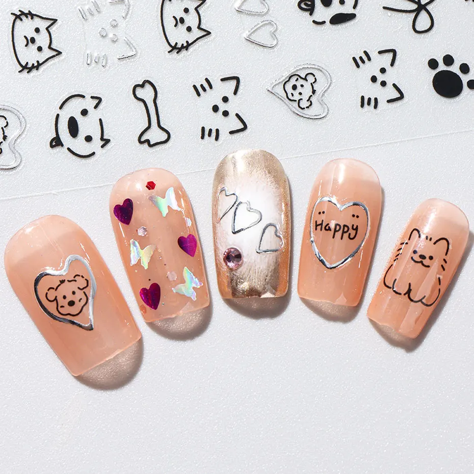 2pcs 3D Cute Silver Smile Dog Decals Y2K Cartoon Cat Footprint Nail Stickers Graffiti Star Heart Bowknot Manicure Slider Decor 6