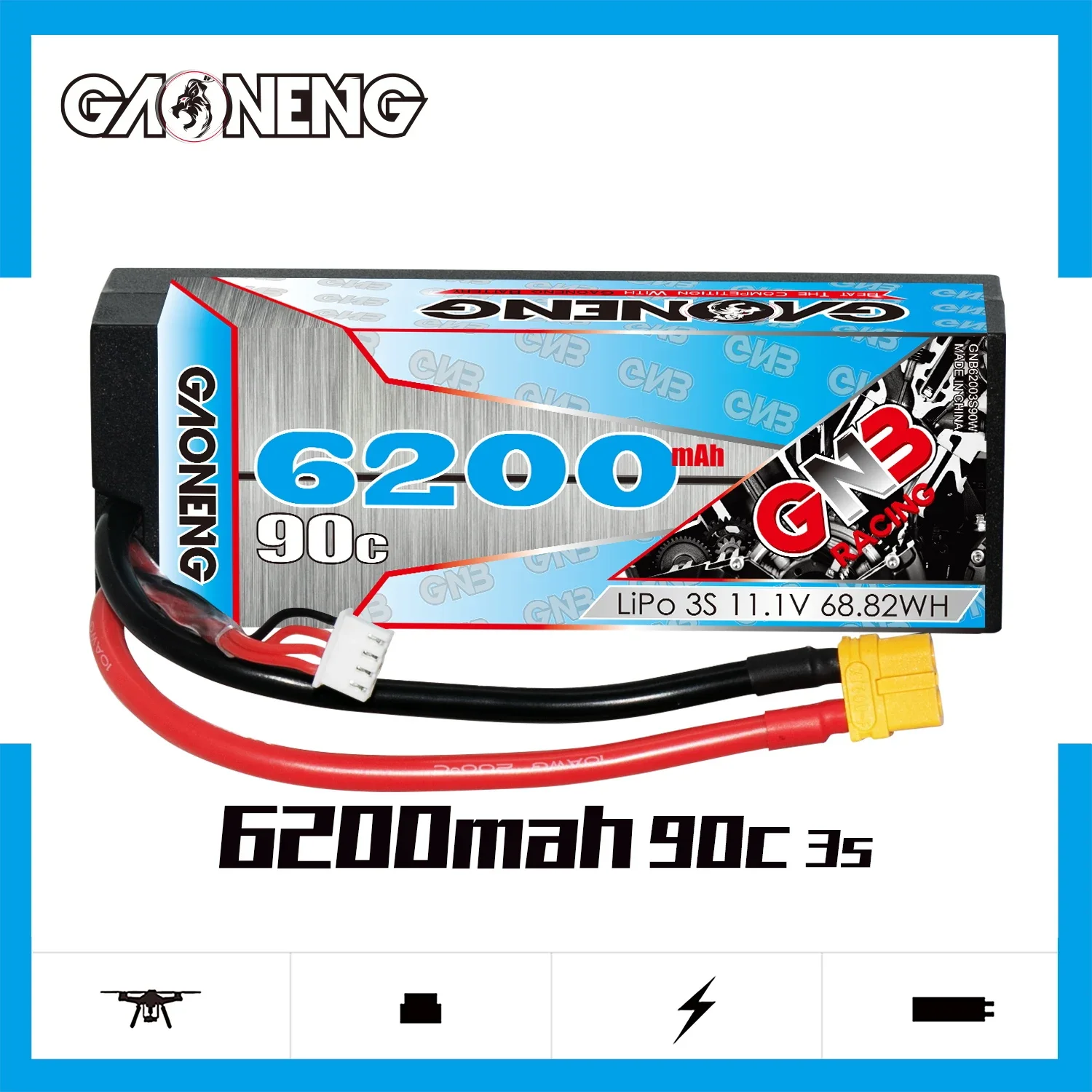 

GAONENG GNB 6200mAh 3S 90C 180C 11.1V Hard Case LiPo Battery Cabled with XT60 1/10 1/8 Scale RC Hobby Models