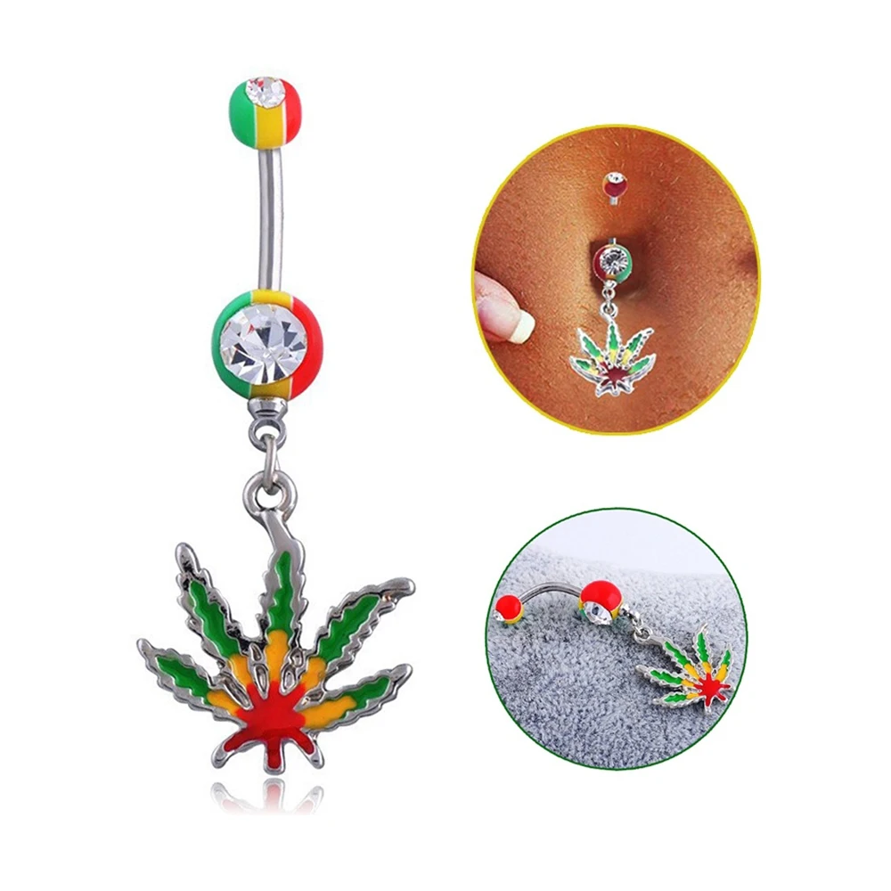 1pc Cz Crystal Dangling Pot Leaf Belly Button Ring For Women 14g Stainless Steel Bar Navel 