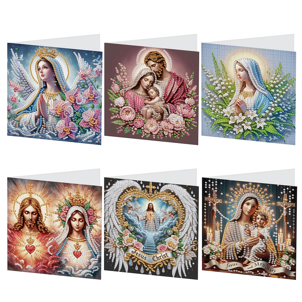 Set of 6 Handmade Diamond Painting Greeting Cards - Holy Mother & Jesus Design